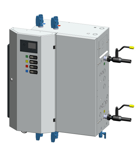 CAD-Abbildung einer kompakten Wärmeübergabestation mit Regler, TYP YADO-GIRO 1I-1H-1DD