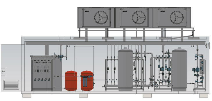 CAD-Konstruktionszeichnung des Maschinenraums einer Parabel Boxx SMI Energiezentrale mit Schaltschrank, Pufferspeichern, Wärmeübergabestationen und Heizungsverteilern